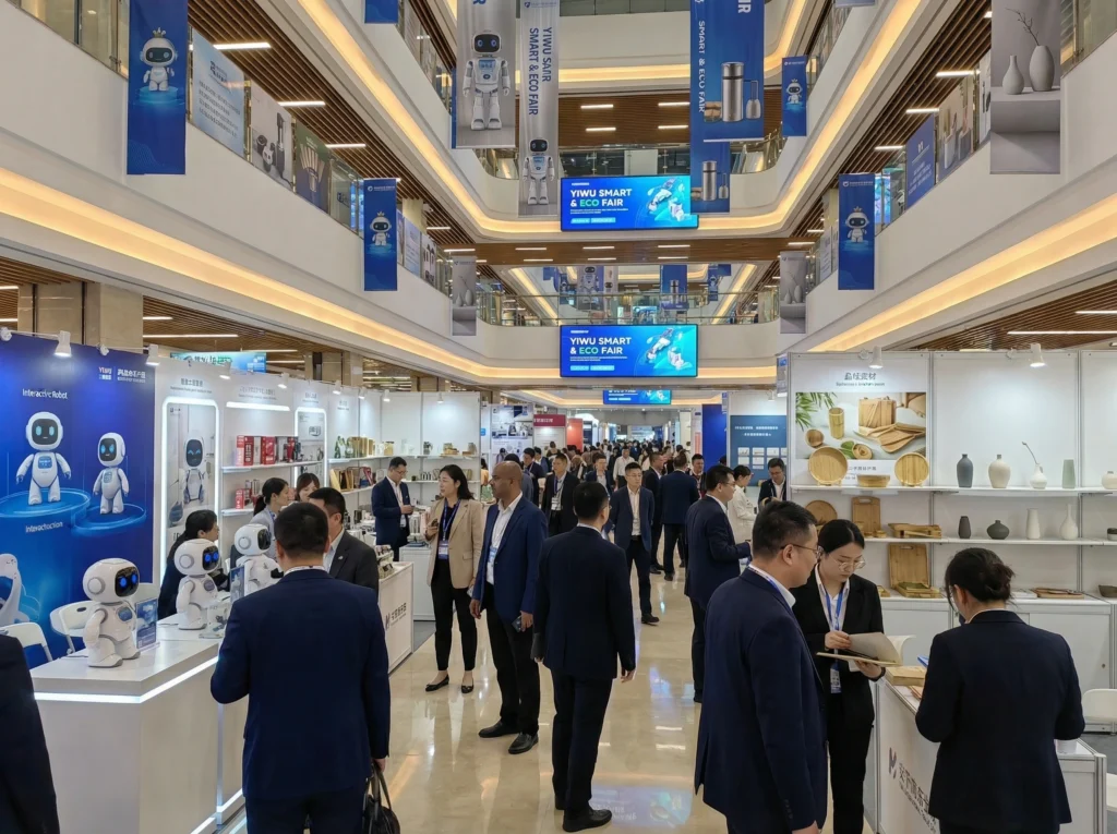 이우시장 안에서 상품들을 상담하는 바이어들의 이미지 