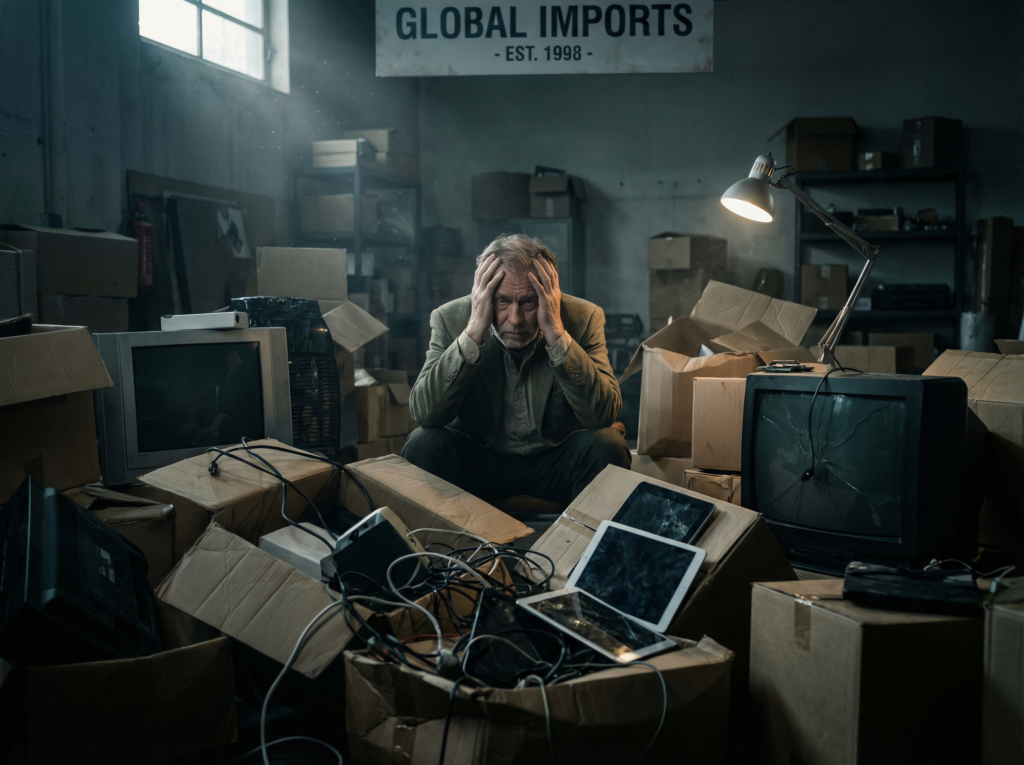 수입후 발견한 불량품에 난감해 하는 이미지