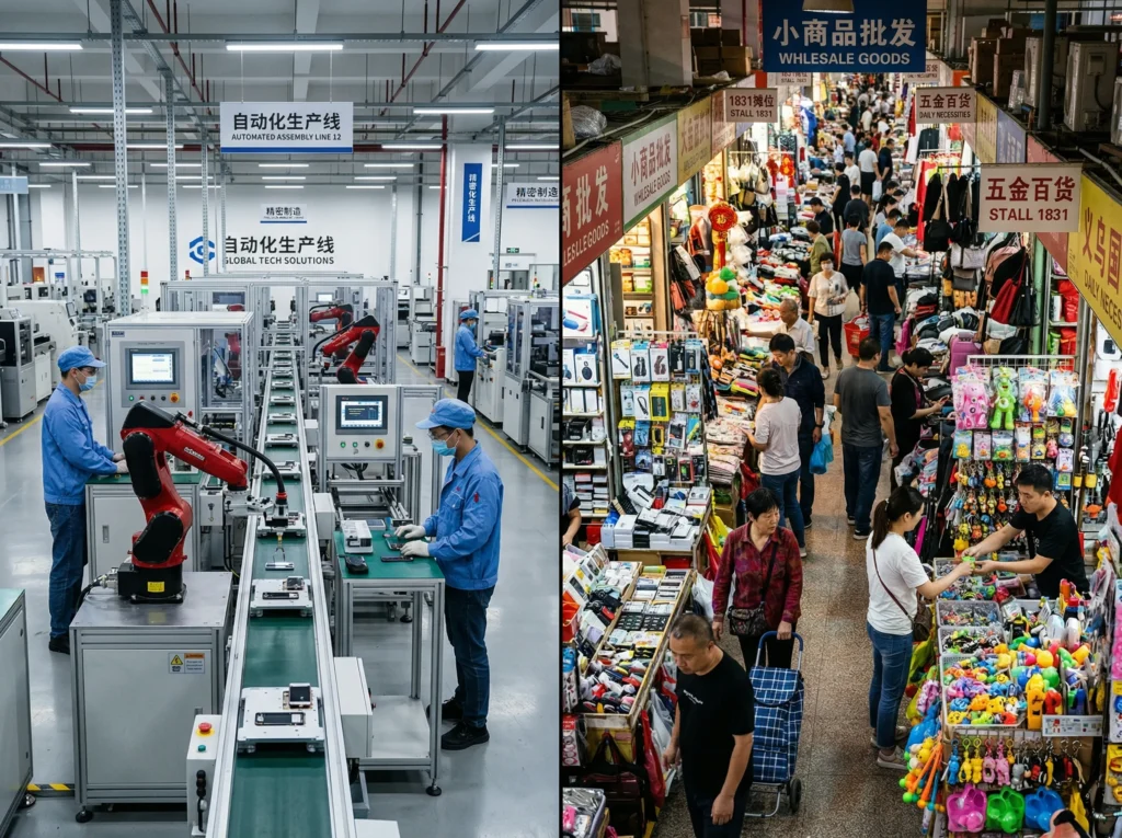 중국 생산 공장과 이우시장 비교 이미지